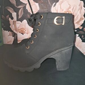 Boots Black Lace-Up Heeled Ankle Boot with Gold Buckle